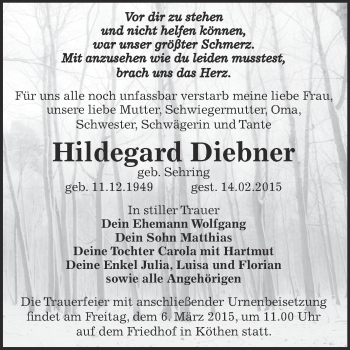Traueranzeige von Hildegard Diebner von WVG - Wochenspiegel Dessau / Köthen