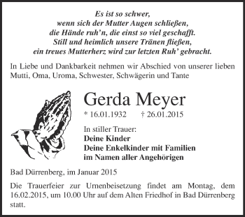Traueranzeige von Gerda Meyer von Super Sonntag Merseburg