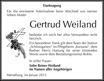 Traueranzeige von Gertrud Weiland von WVG - Wochenspiegel Merseburg
