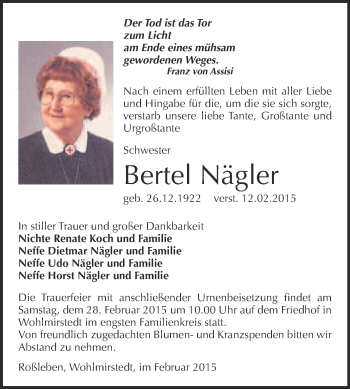 Traueranzeige von Bertel Nägler von WVG - Wochenspiegel NMB / WSF / ZTZ