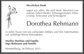 Traueranzeige von Dorothea Rehmann von Mitteldeutsche Zeitung Mansfelder Land