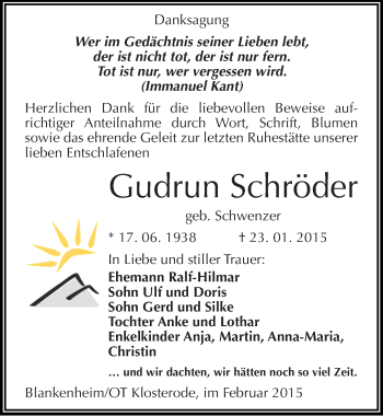 Traueranzeige von Gudrun Schröder von Mitteldeutsche Zeitung Mansfelder Land