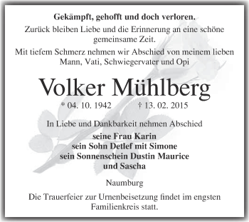 Traueranzeige von Volker Mühlberg von WVG - Wochenspiegel NMB / WSF / ZTZ