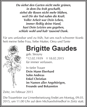 Traueranzeige von Brigitte Gaudes von Super Sonntag Zeitz