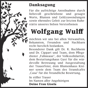 Traueranzeige von Wolfgang Wulff von WVG - Wochenspiegel Dessau / Köthen