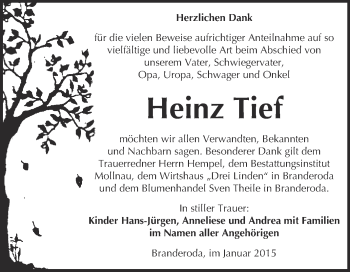 Traueranzeige von Heinz Tief von WVG - Wochenspiegel Merseburg