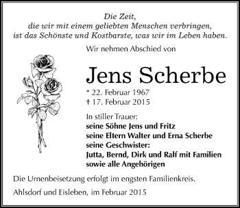 Traueranzeige von Jens Scherbe von Mitteldeutsche Zeitung Mansfelder Land