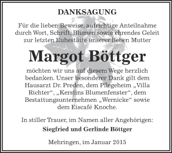 Traueranzeige von Margot Böttger von Super Sonntag Aschersleben