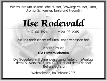 Traueranzeige von Itse Rodewafd von Mitteldeutsche Zeitung Quedlinburg