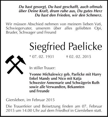 Traueranzeige von Siegfried Paelicke von Mitteldeutsche Zeitung Aschersleben