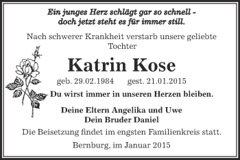 Traueranzeige von Katrin Kose von Super Sonntag Bernburg