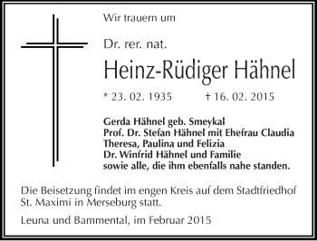 Traueranzeige von Heinz-Rüdiger Hähnel von Mitteldeutsche Zeitung Merseburg/Querfurt