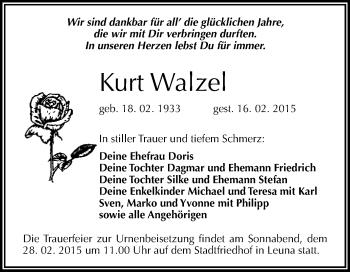 Traueranzeige von Kurt Walzel von WVG - Wochenspiegel Merseburg