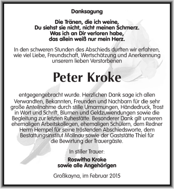Traueranzeige von Peter Kroke von Mitteldeutsche Zeitung Merseburg/Querfurt