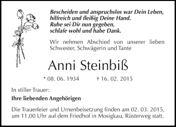 Traueranzeige von Anni Steinbiß von WVG - Wochenspiegel Dessau / Köthen