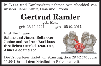 Traueranzeige von Gertrud Ramler von Mitteldeutsche Zeitung Bernburg