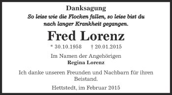 Traueranzeige von Fred Lorenz von Wochenspiegel Mansfelder Land
