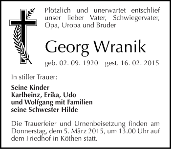 Traueranzeige von Georg Wranik von Mitteldeutsche Zeitung Köthen