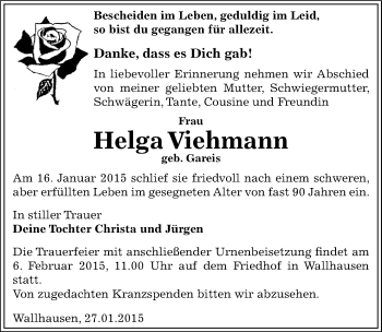 Traueranzeige von Helga Viehmann von Mitteldeutsche Zeitung Sangerhausen