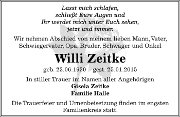 Traueranzeige von Willi Zeitke von Mitteldeutsche Zeitung Dessau-Roßlau