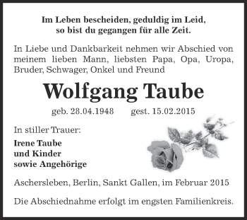 Traueranzeige von Wolfgang Taube von Super Sonntag Aschersleben