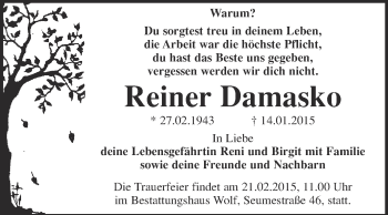 Traueranzeige von Reiner Damasko von WVG - Wochenspiegel NMB / WSF / ZTZ