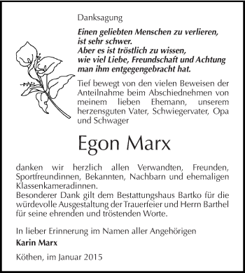 Traueranzeige von Egon Marx von WVG - Wochenspiegel Dessau / Köthen