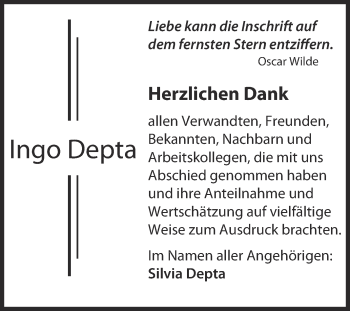 Traueranzeige von Ingo Depta von WVG - Wochenspiegel Wittenberg