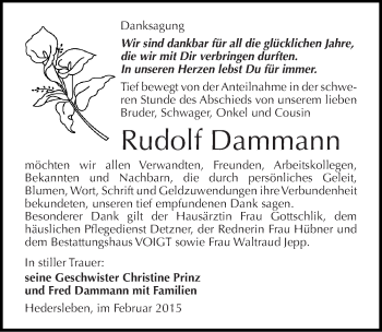 Traueranzeige von Rudolf Dammann von Mitteldeutsche Zeitung Mansfelder Land