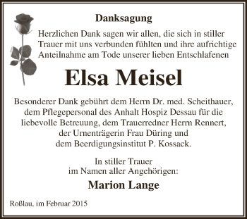 Traueranzeige von Elsa Meisel von WVG - Wochenspiegel Dessau / Köthen