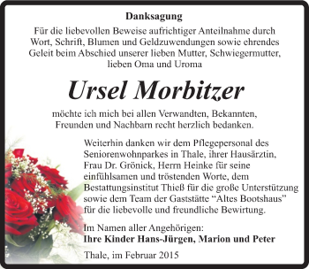 Traueranzeige von Ursel Morbitzer von Mitteldeutsche Zeitung Quedlinburg