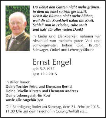 Traueranzeige von Ernst Engel von Super Sonntag Wittenberg