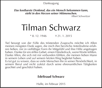 Traueranzeige von Tilman Schwarz von Mitteldeutsche Zeitung Halle/Saalkreis