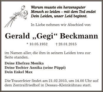 Traueranzeige von Gerald Beckmann von WVG - Wochenspiegel Dessau / Köthen