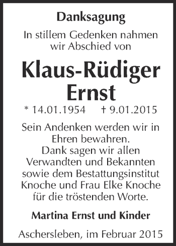 Traueranzeige von Klaus-Rüdiger Ernst von Super Sonntag Aschersleben