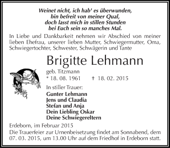 Traueranzeige von Brigitte Lehmann von Mitteldeutsche Zeitung Mansfelder Land
