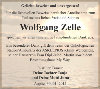 Traueranzeige von Wolfgang Zelle von WVG - Wochenspiegel NMB / WSF / ZTZ