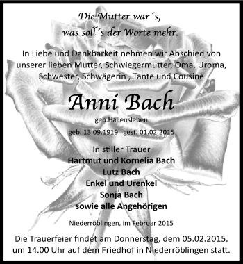 Traueranzeige von Anni  Bach von Mitteldeutsche Zeitung Sangerhausen