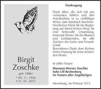 Traueranzeige von Birgit Zoschke von WVG - Wochenspiegel Merseburg