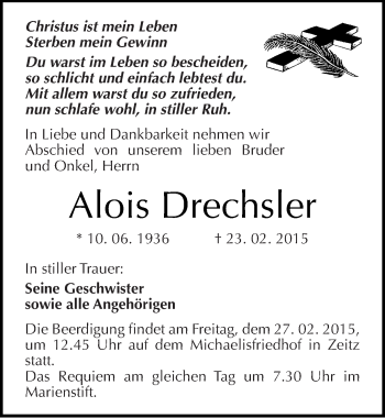 Traueranzeige von Alois Drechsler von Mitteldeutsche Zeitung Zeitz
