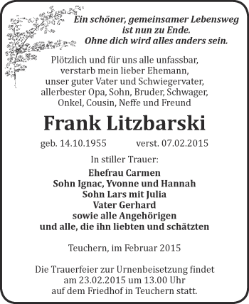 Traueranzeige von Frank Litzbarski von WVG - Wochenspiegel NMB / WSF / ZTZ