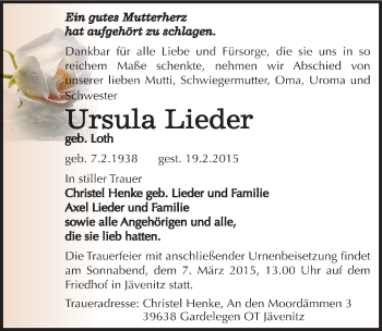 Traueranzeige von Ursula Lieder von Mitteldeutsche Zeitung Aschersleben