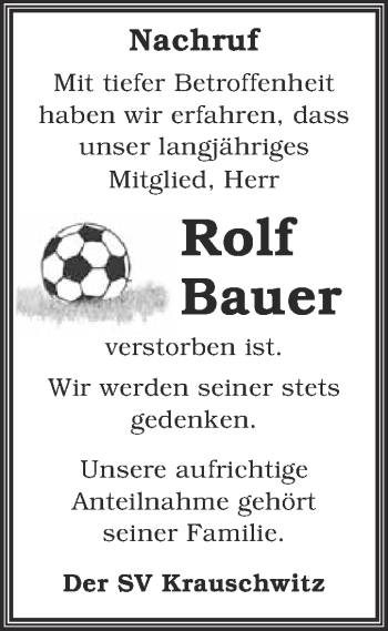 Traueranzeige von Rolf Bauer von WVG - Wochenspiegel NMB / WSF / ZTZ