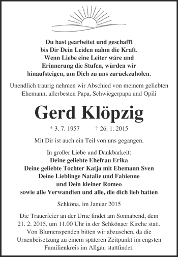 Traueranzeige von Gerd Klözig von WVG - Wochenspiegel Wittenberg