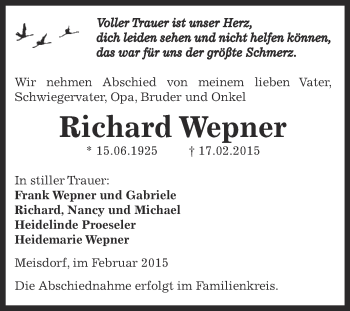 Traueranzeige von Richard Wepner von Super Sonntag Aschersleben