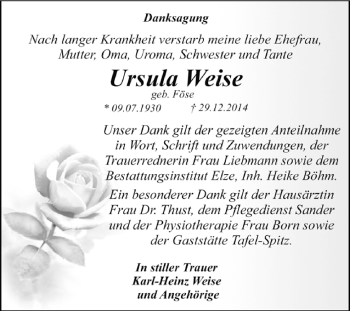 Traueranzeige von Ursula Weise von WVG - Wochenspiegel Dessau / Köthen