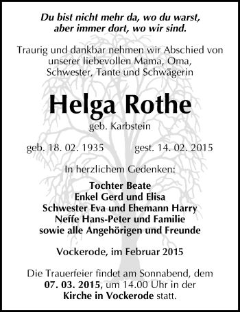 Traueranzeige von Helga Rothe von Mitteldeutsche Zeitung Wittenberg