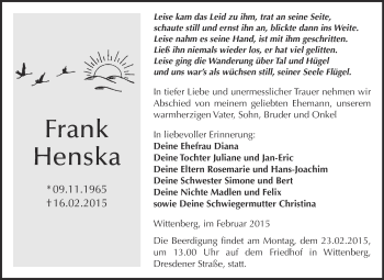 Traueranzeige von Frank Henska von WVG - Wochenspiegel Wittenberg