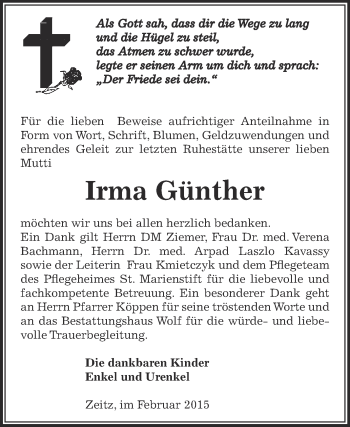 Traueranzeige von Irma Günther von Super Sonntag Zeitz
