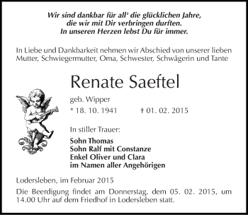 Traueranzeige von Renate Saefte von Mitteldeutsche Zeitung Merseburg/Querfurt